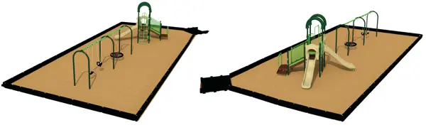 Two views of an artist's rendering of Option B for the Scott's Point Playground equipment. Option B includes a play structure with two slides, a climber, a saucer swing, a saddle swing, and a toddler swing.