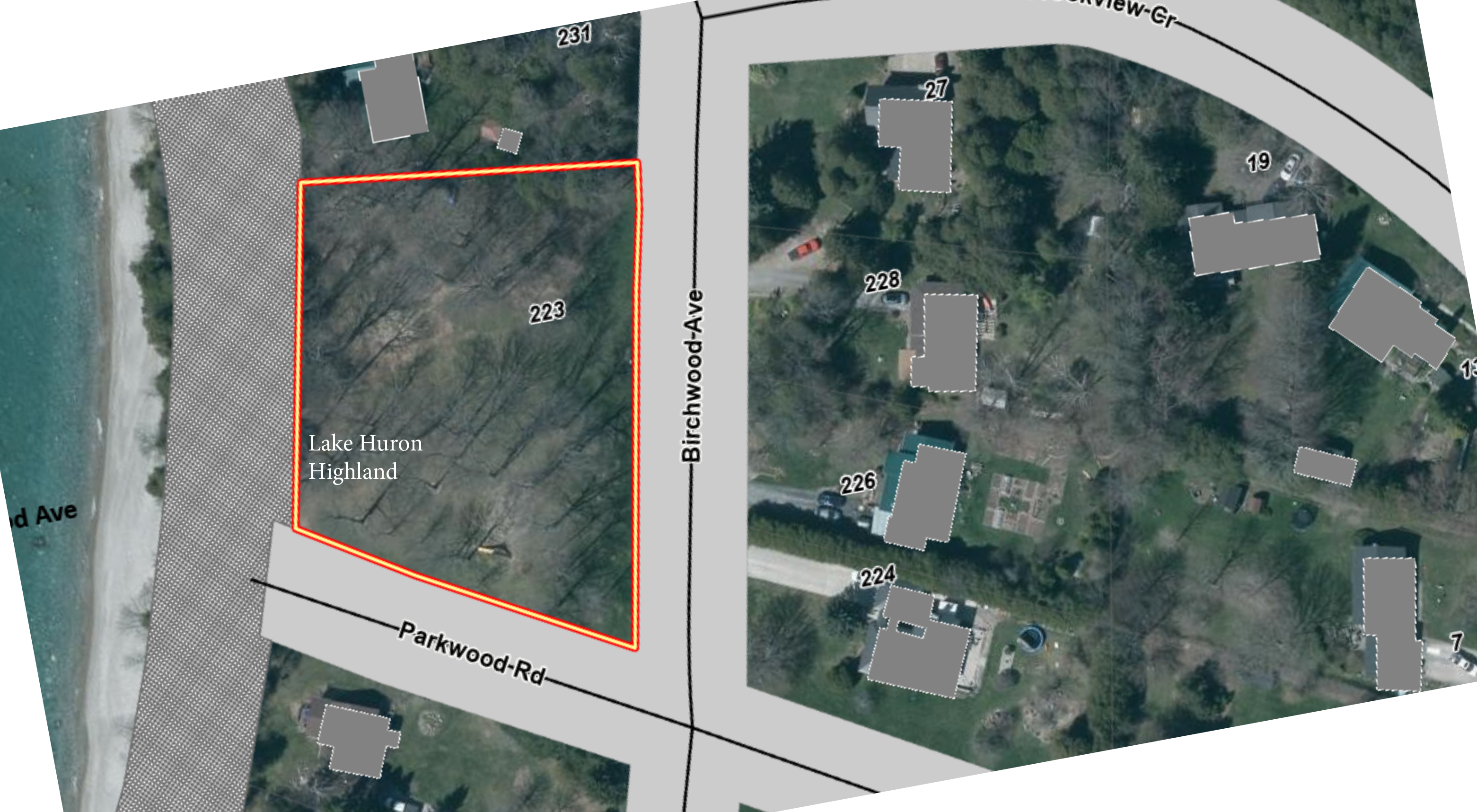 Aerial map showing the Lake Huron Highlands Park location.