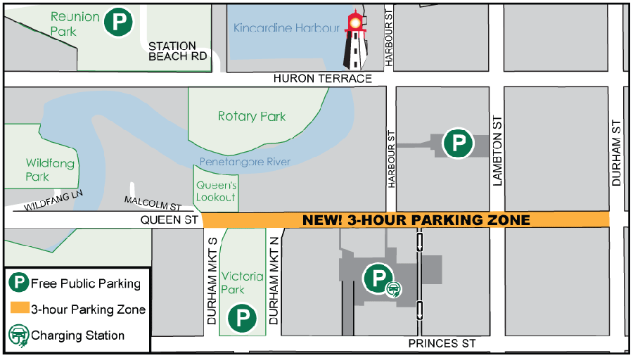 Illustrated map of downtown Kincardine with the new 3-hour parking zone marked in yellow.