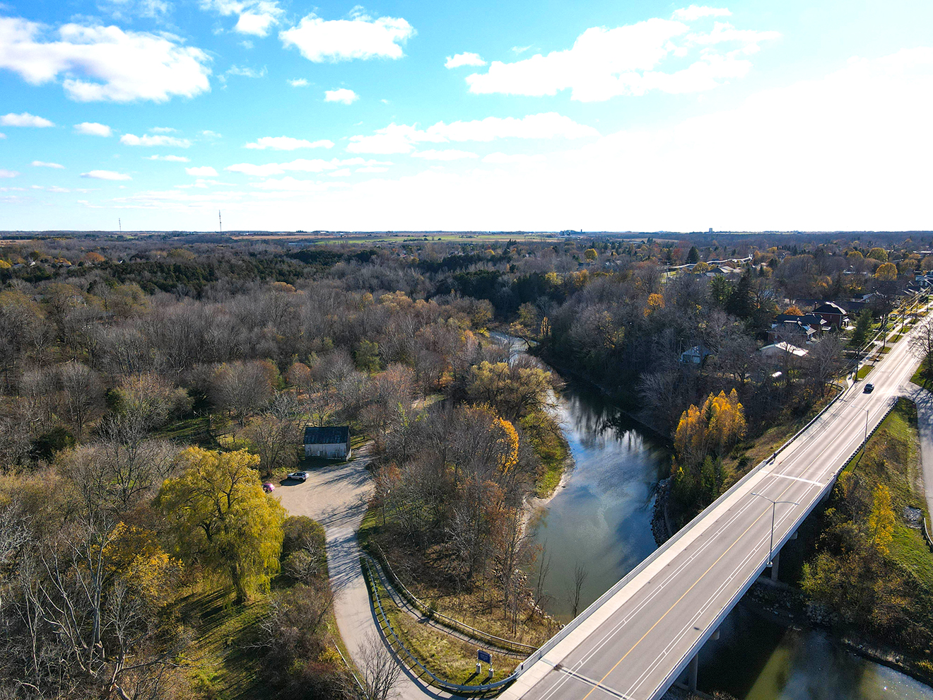 An aerial view of the Penetangore River in Kincardine heading inland.
