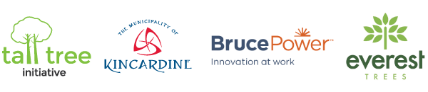 Logos for the Tall Tree Initiative, the Municipality of Kincardine, Bruce Power, and Everest Trees.