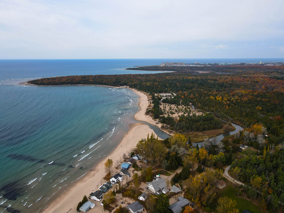 An aerial view of the Lake Huron shoreline looking north towards Bruce Power.