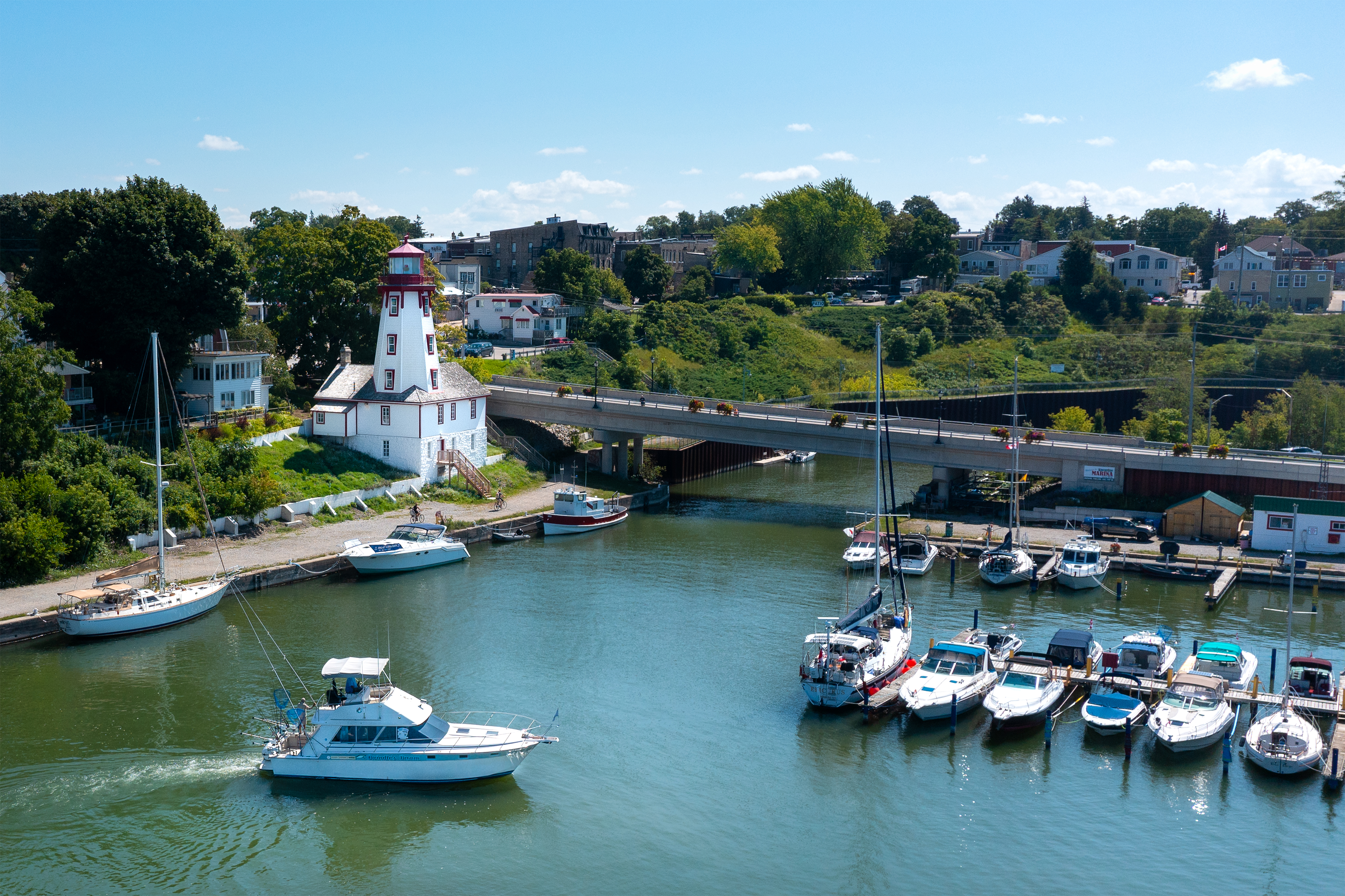 The Kincardine Lighthouse, harbour, and Harbour Street Bridge.