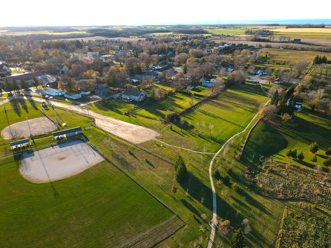 An aerial view of Tiverton with Lake Huron in the distance.