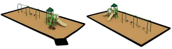 Two aerial artist's illustrations of Option A for the Scott's Point Playground equipment including a double slide play structure and swing set with two saddle swings and two toddler swings.