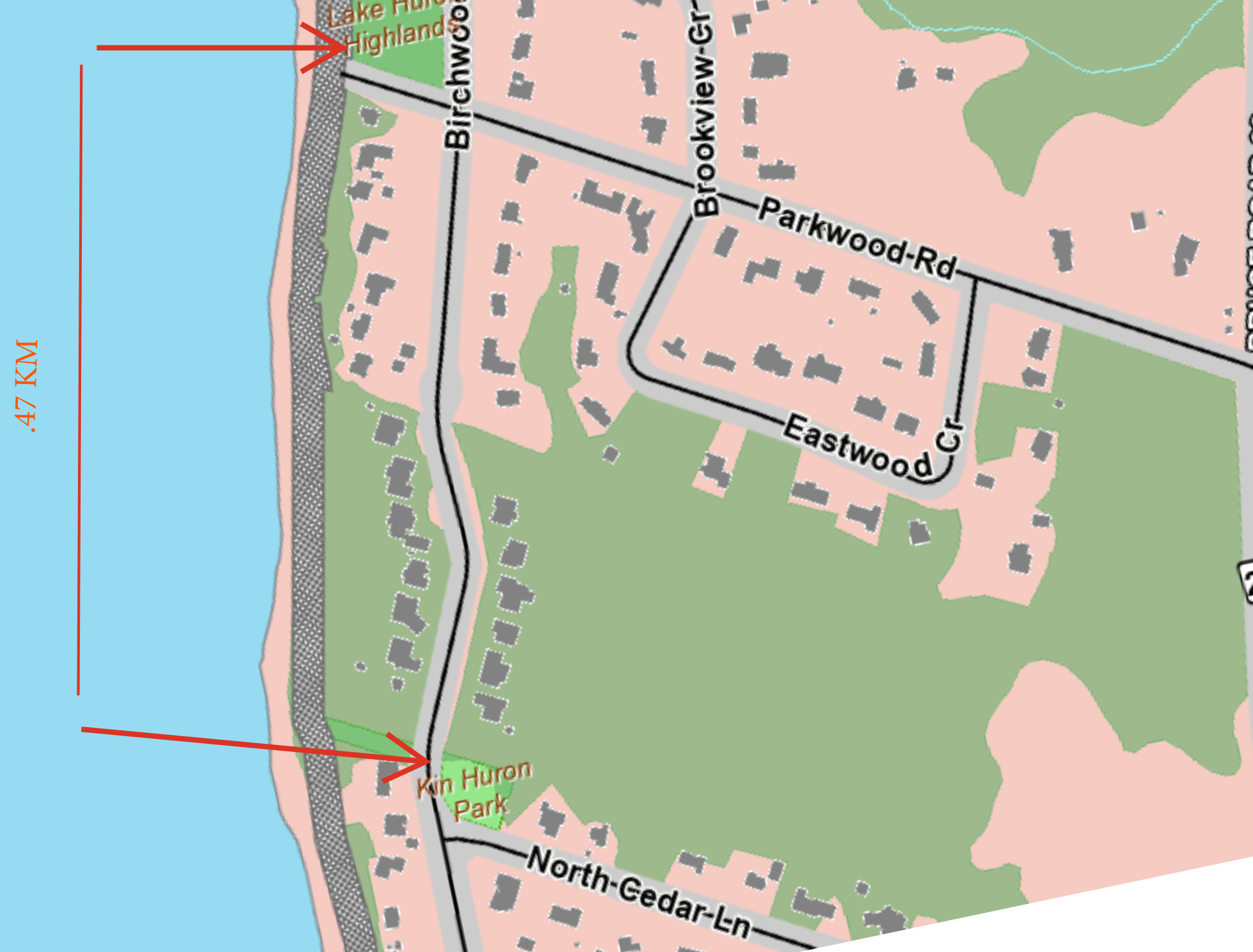 Aerial map of Birchwood Avenue showing both Kinhuron and Lake Huron Highlands Parks.