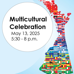 Illustration including flags of the world. "Multicultural Celebration May 13, 2025 5:30 - 8 p.m."